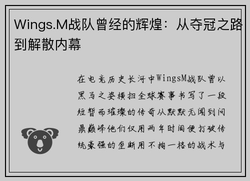 Wings.M战队曾经的辉煌：从夺冠之路到解散内幕